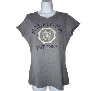 Tommy Hilfiger Women Tops, Stitched Lettering Logo Short Sleeve Grey Tee, Sz M